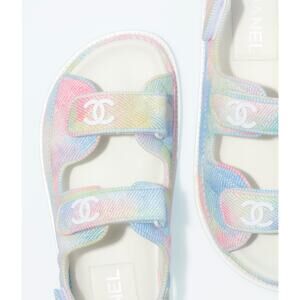 Chanel 22C Green Pink Blue White CC Logo Mule Slide Strap Flat Dad Sandal 35.5